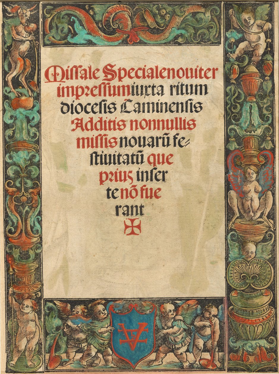 ミサ典書のタイトル ページ、サテュロスとプッティ ボーダー [裏面]、c。 1511年。 作： ウルス・グラフ
