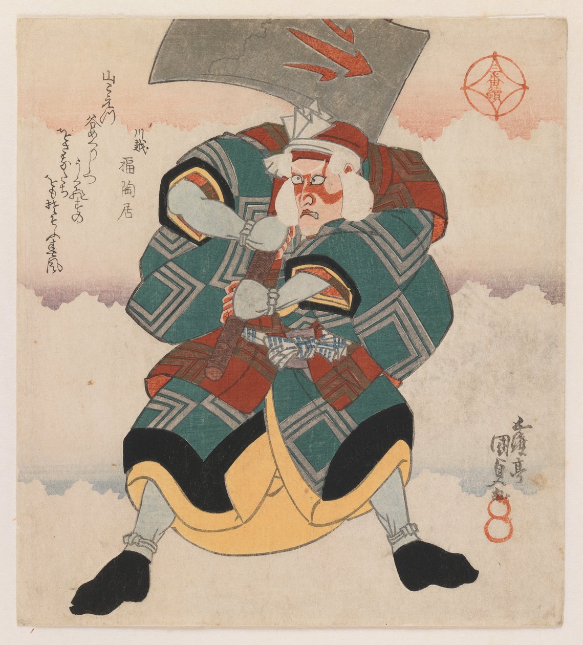市川団十郎VII白髪のかつらを身に着けた斧を振り回す、1825年（版画、色紙版、（トリプティクの右シート）、豪華版） 作： 歌川1786 1864国貞