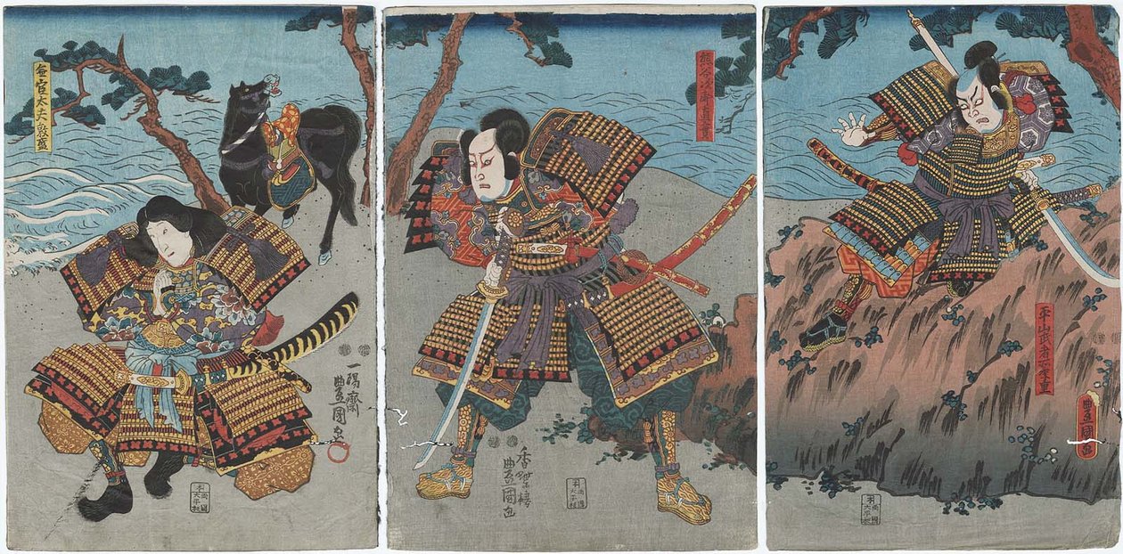  Actors Nakayama Bungoro II as Hirayama Mushadokoro Sueshige R, Ichimura Takenojo V as Kumagai Jiro Naozane C, and Bando Shuka I as Mukan tayu Atsumori L 作： 歌川国貞