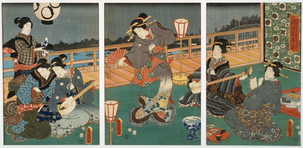 19世紀半ばの遊女、三連祭壇画（桑紙に木版） 作： 歌川国貞