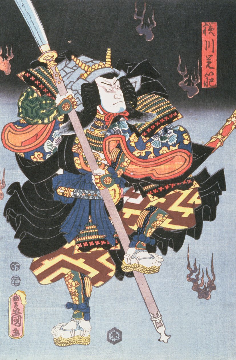 1856年市村劇場仙坊桜の場面での戦士の僧侶亀三（紙、ペン、インク、トイレ） 作： 歌川国貞