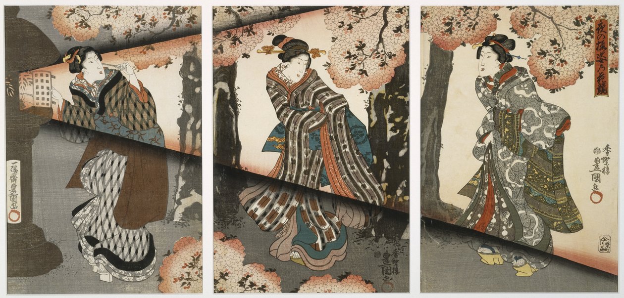 19世紀半ばの女の子と提灯の夜景（木版画、三連祭壇画） 作： 歌川国貞