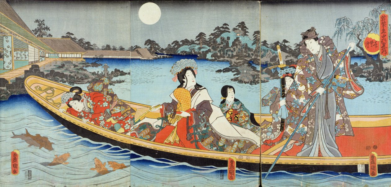 6月の満月の下で庭の池でボートを漕いでいる王子、王女、宮廷の女性を描いたトリプティク。恐らく「源氏物語」、1849-50年（色版画） 作： 歌川国貞