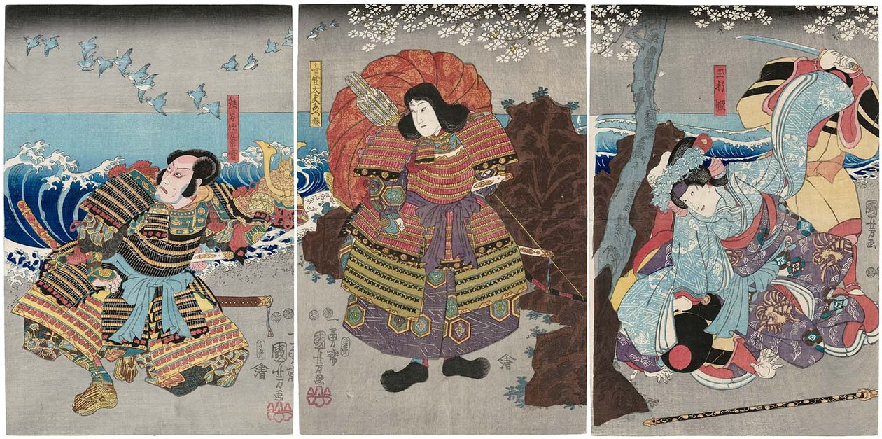  Actors Iwai Kumesaburo III as Tamaori-hime R, Ichikawa Saruzo I as Mukan Dayu Atsumori C, and Ichikawa Ebizo V as Kumagai Jiro Naozane L 作： 歌川国芳