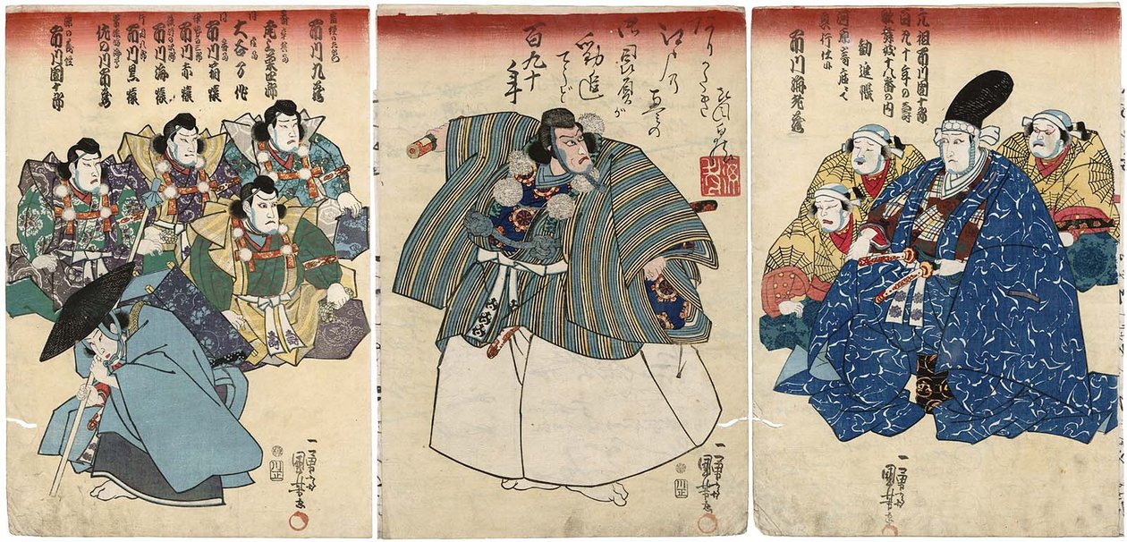  Actors in Kanjincho: Ichikawa Kuzo II as Togashi no Saemon R, Ichikawa Ebizo V as Musashibo Benkei C, Ichikawa Danjuro VIII as Minamoto no Yoshitsune L 作： 歌川国芳