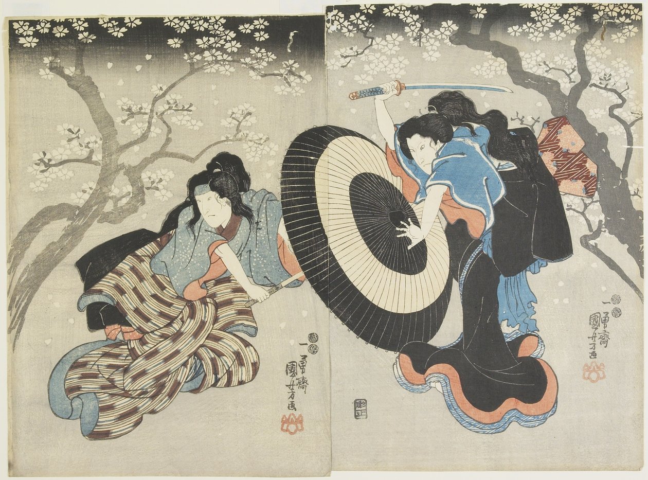 （歌舞伎の場面、桜の下で戦う二人の女性）、1847-1852 作： 歌川国芳