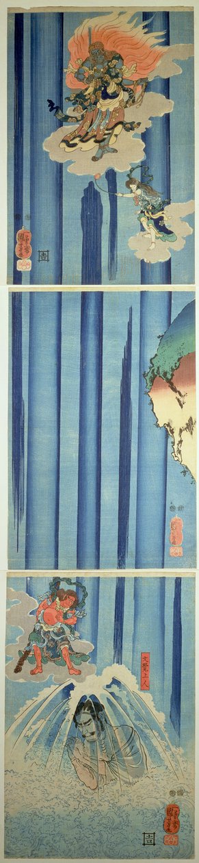 滝の下のもん岳書院、1851年頃（縦三連） 作： 歌川国芳