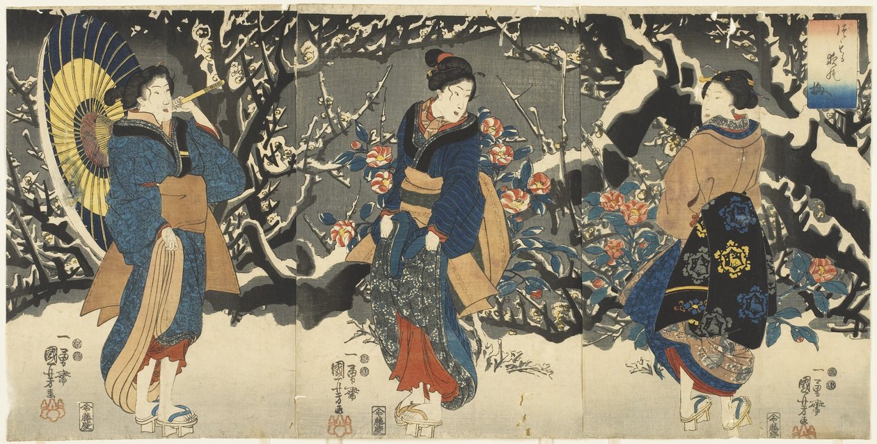 夕方の雪の梅の花、1847-1852 作： 歌川国芳
