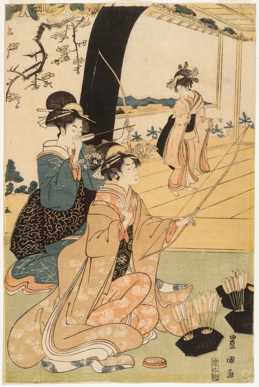 若い武士とアーチェリーを練習する女性アテンダント、ディプティクの半分、1800年頃（カラーウッドブロックプリント）（499359とペア） 作： 歌川豊国