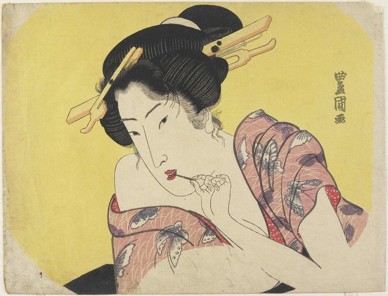つまようじを使用する女性、c.1820（色木版画） 作： 歌川豊国