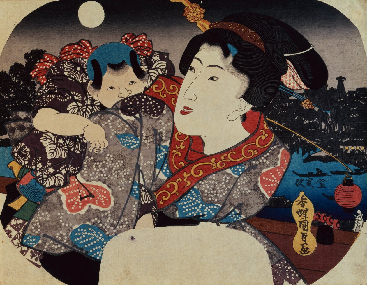 子供をおんぶする女（木版画） 作： 歌川国貞