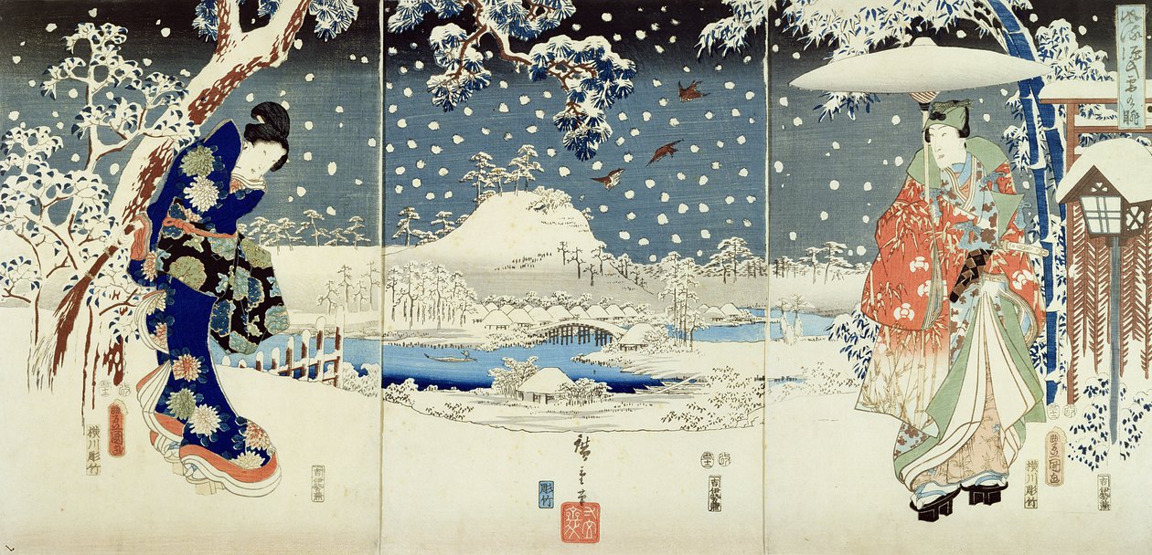 大名の庭の雪景色（三連祭壇画） 作： 歌川広重と国貞