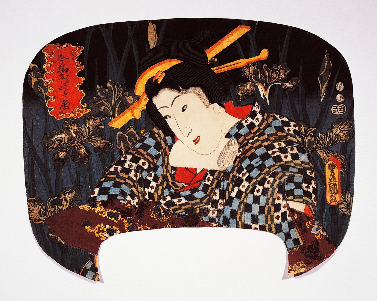 アイリスを背景にした花魁の肖像 作： 歌川国貞