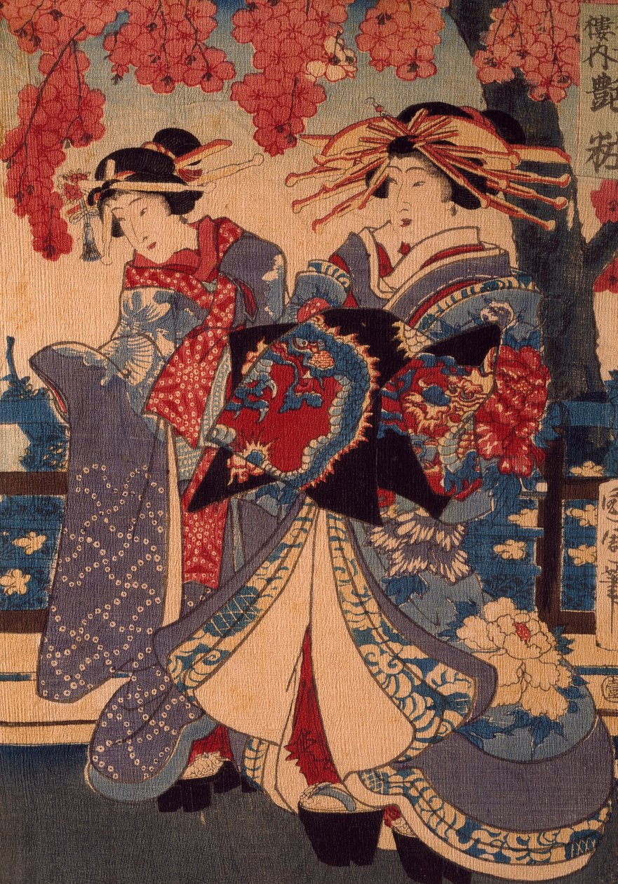 歌川国貞作「花の庭の二人の女」木版画、クレポン技法