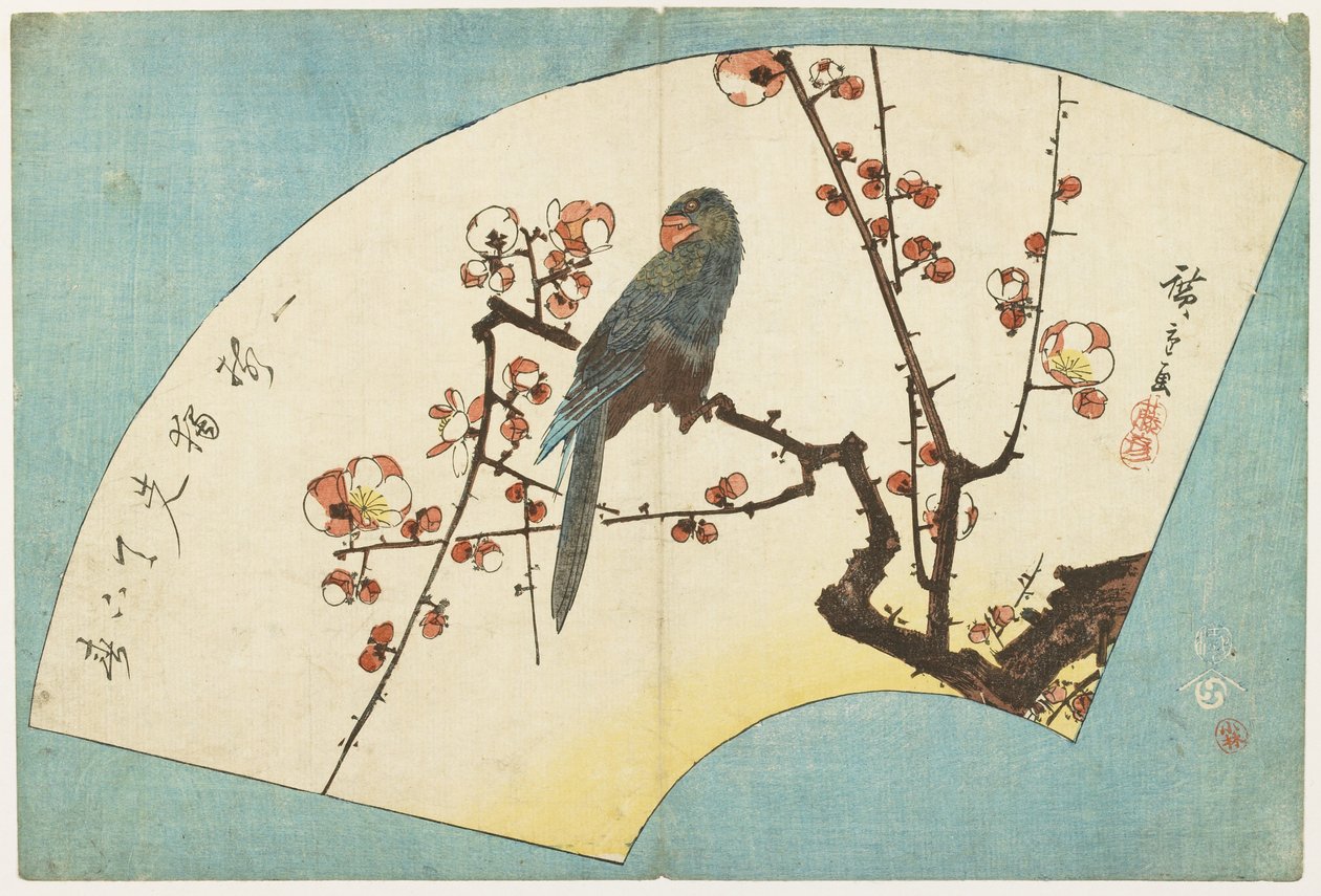 （開花梅のオウム）、19世紀半ば 作： 歌川広重