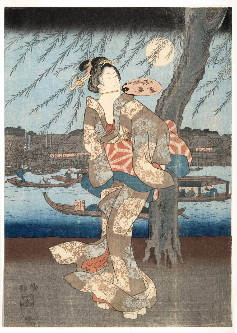 両国での涼しい夏の夜、1848-51（木版） 作： 歌川広重