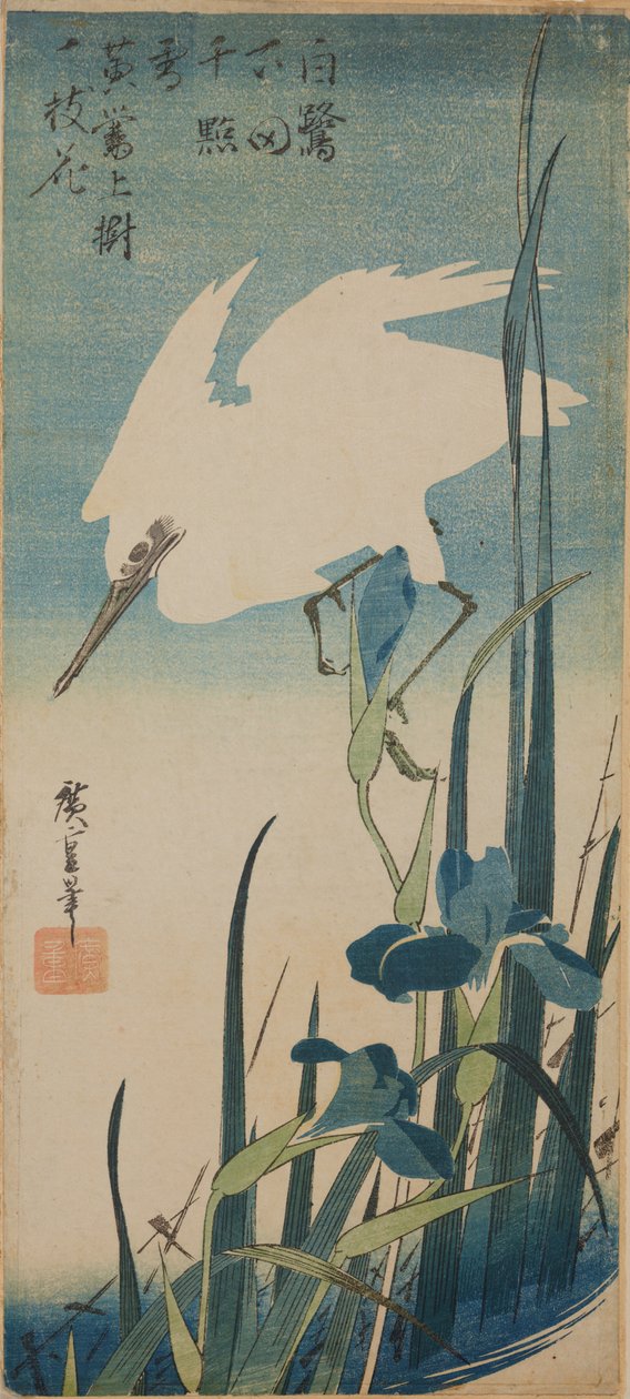 空を飛ぶ白いサギと青いアイリス / 『菖蒲と白鷺』 作： 歌川広重