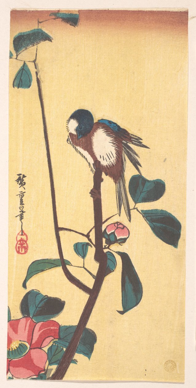 ツバキと青い頭の鳥 作： 歌川広重