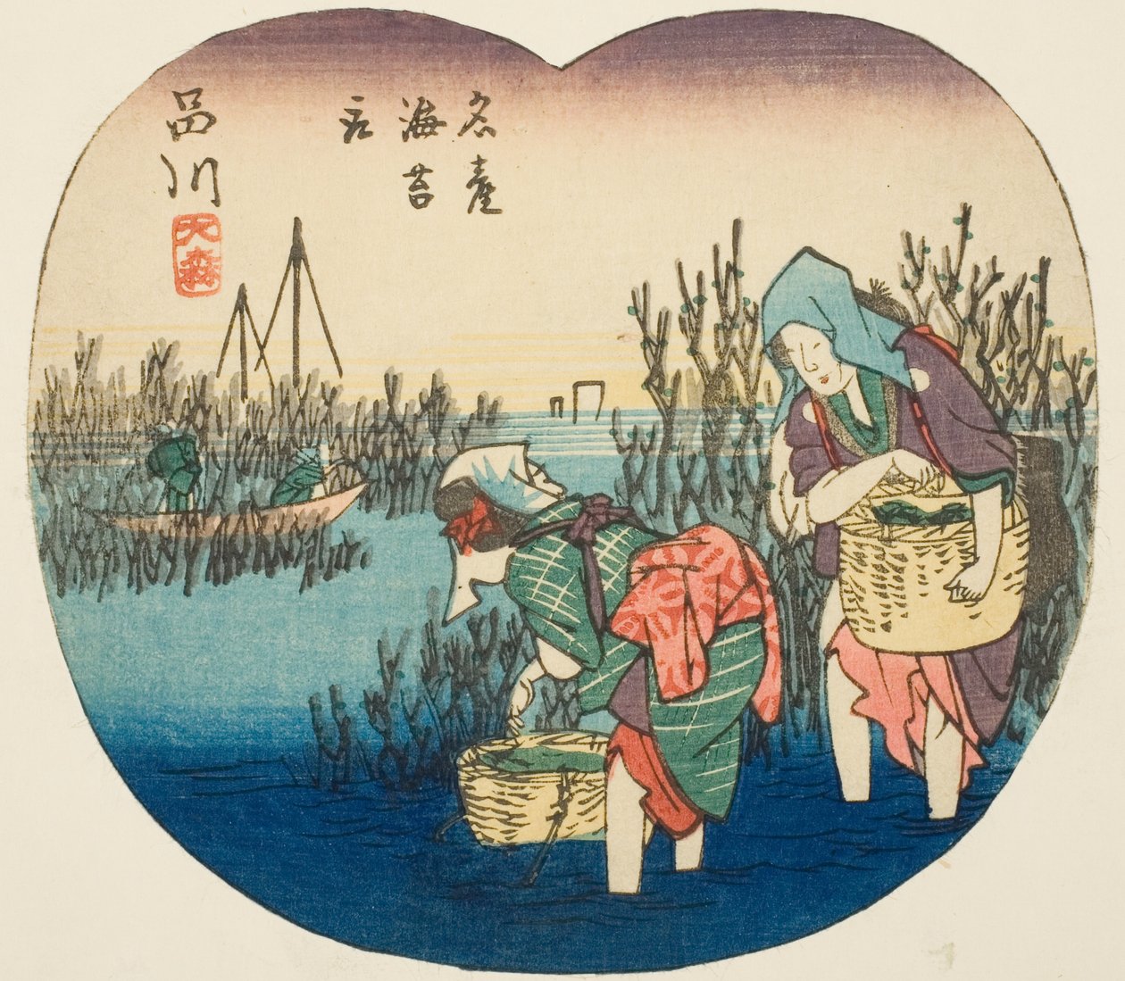 Gathering Seaweed at Omori in Shinagawa (Shinagawa, Omori, meisan nori tori), section of sheet no. 1 from the series "Cutout Pictures of the Tokaido Road (Tokaido harimaze zue)" 作： 歌川広重