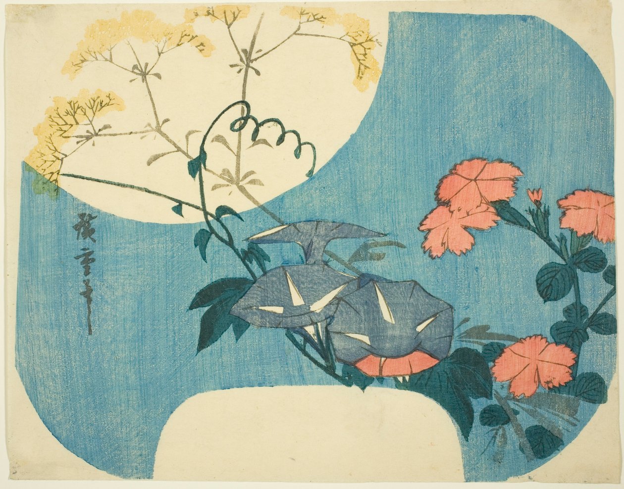 「月下七花」より 朝顔・桃・乙女の花 作： 歌川広重