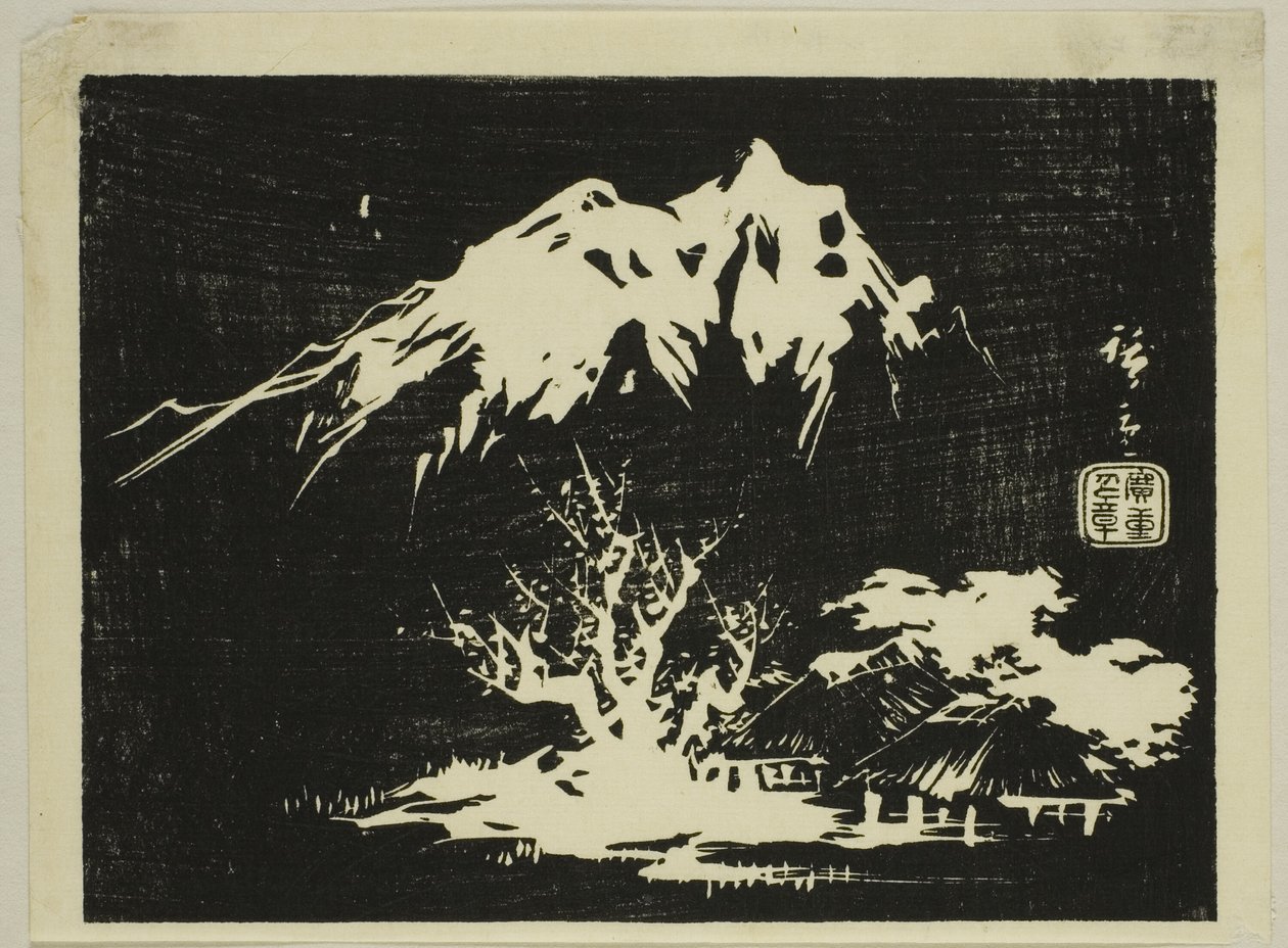 山の風景、無題のはりまぜ版画の一部