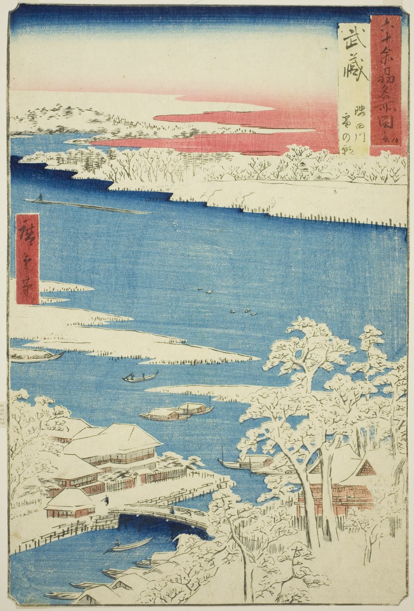 Musashi Province: Morning after Snow on the Sumida River (Musashi, Sumidagawa yuki no ashita), from the series "Famous Places in the Sixty-odd Provinces (Rokujuyoshu meisho zue)" 作： 歌川広重