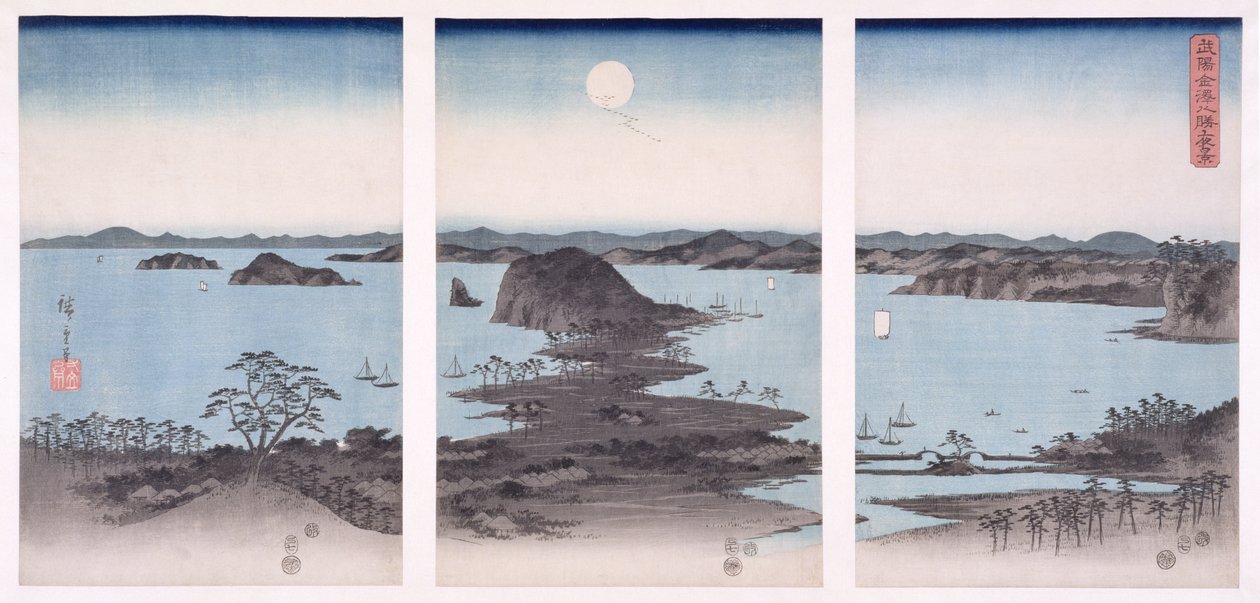 金沢の満月の下のパノラマ、「雪と月と花」シリーズ、1857年（木版画） 作： 歌川広重