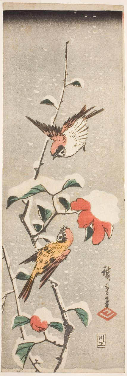 雀と雪椿 作： 歌川広重