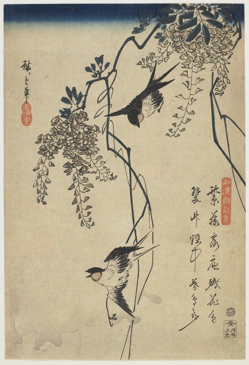 藤のツルを飛ぶツバメ、1837-44（色木版画）