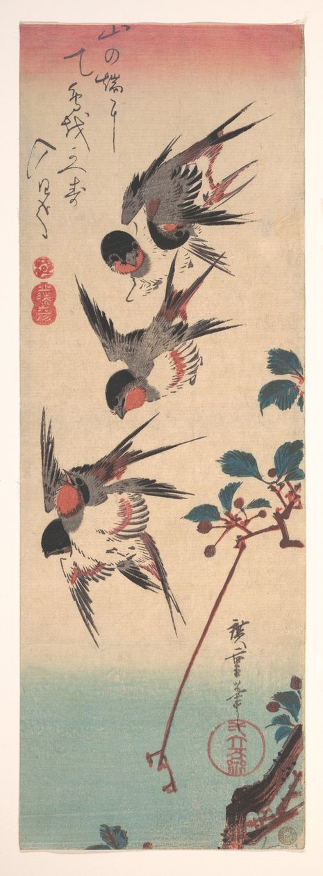Schwalben und Wildkirsche 作： 歌川広重