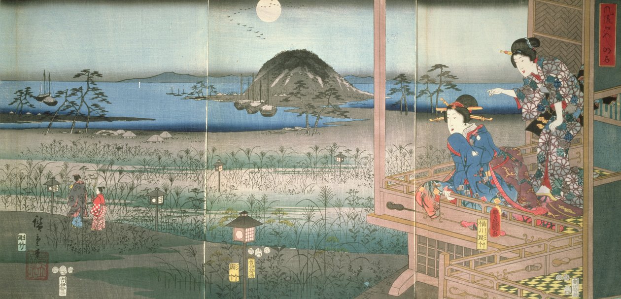 1853年、月光の中で出発する源氏王子を見ている藤坪淑女（カラー木版画） 作： 歌川広重