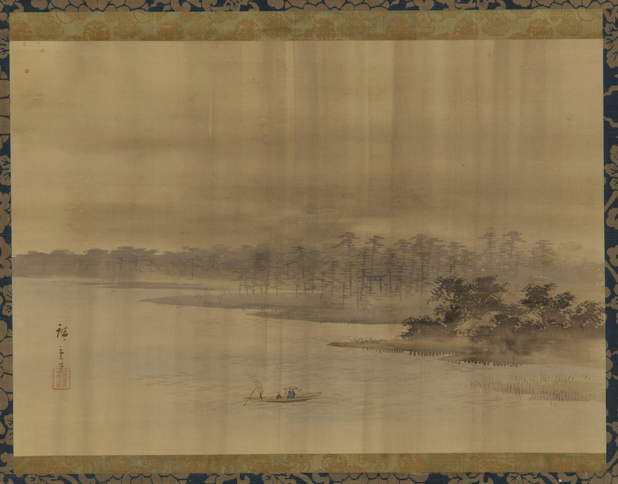 雨の中の川の風景と寺院、江戸時代、19世紀。 作： 歌川広重II