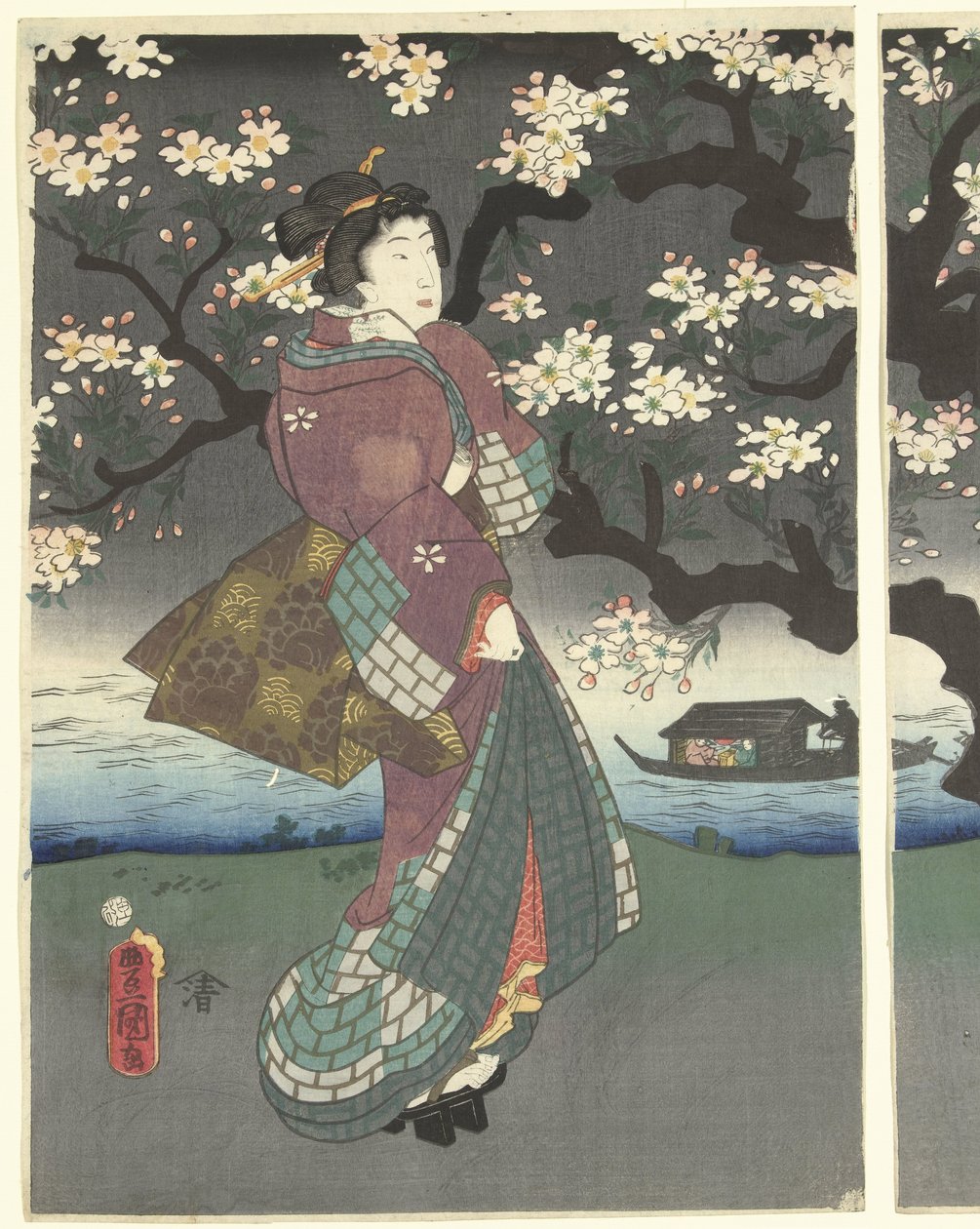 川沿いの夜の散歩 作： 歌川国貞（初代）