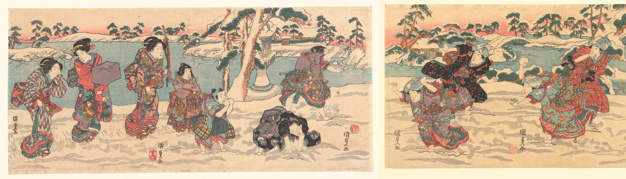雪玉を投げる 作： 歌川国貞（初代）