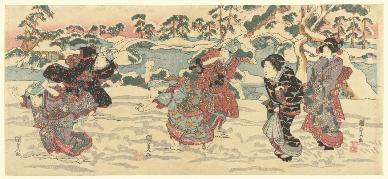 雪玉を投げる 作： 歌川国貞（初代）