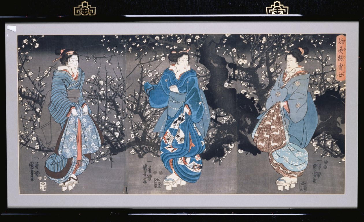 3人の美人と夜行性のシーンを描いたお坊さん三連祭壇画 作： 歌川国芳