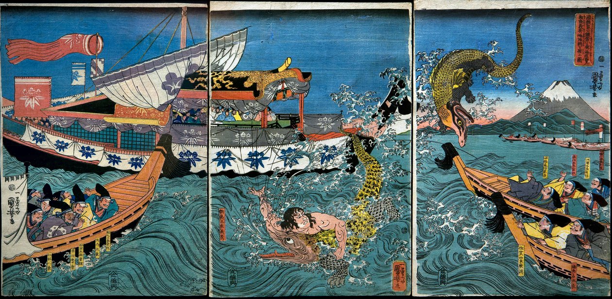 朝比奈義秀が鎌倉小坪の海で2匹のワニと戦った話 作： 歌川国芳