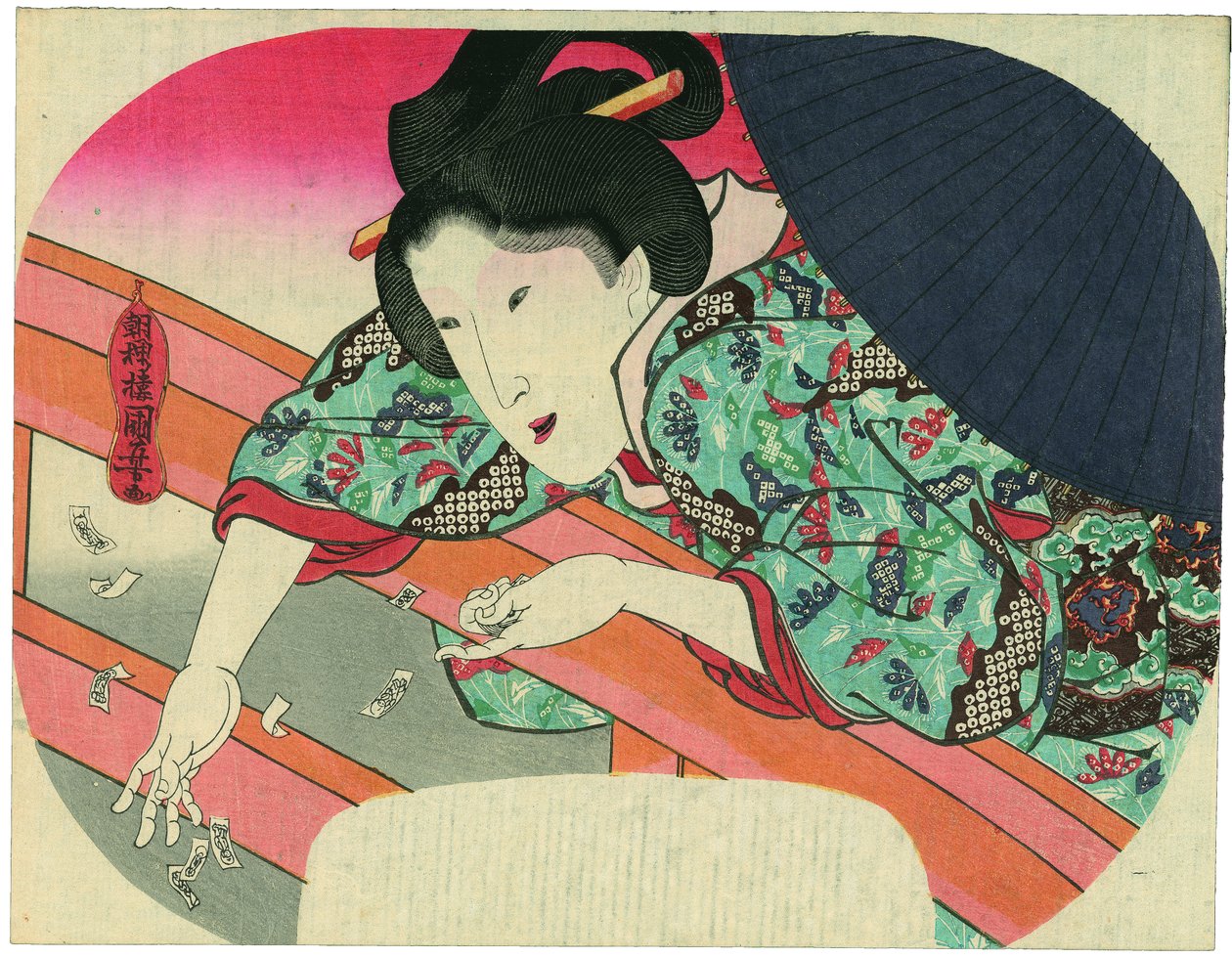 美女が溺死者の霊を鎮めるため、地蔵菩薩への祈願札を隅田川に流す 作： 歌川国芳