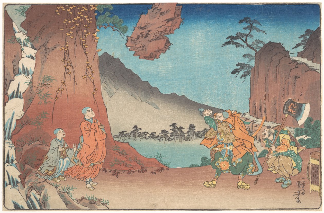僧・日蓮の簡潔な図解伝記：小室山における「祈りの力によって支えられた岩」 作： 歌川国芳