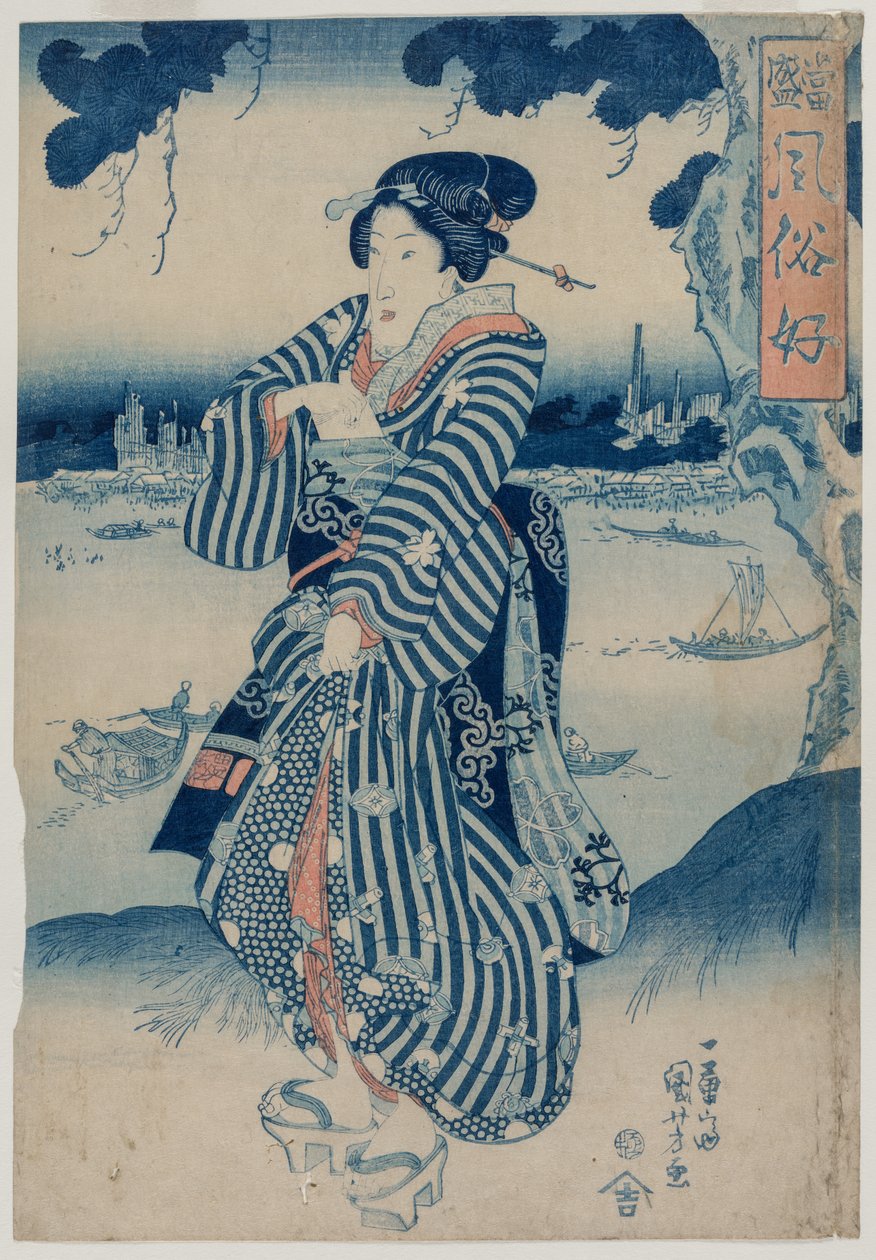 隅田川のほとりに立つ芸者...、1830年代初頭。 作： 歌川国芳