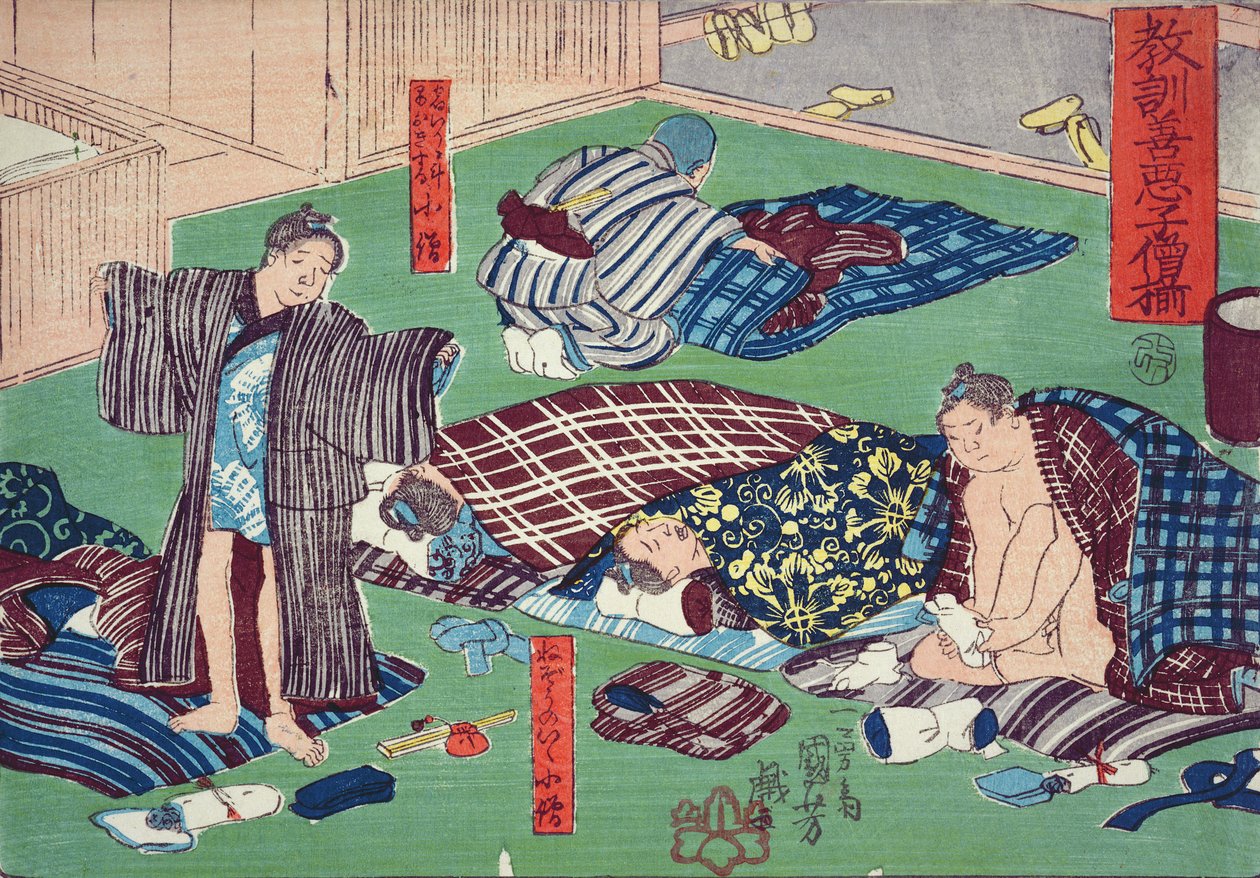 商人のための道徳的指導、行動の良い例と悪い例、1857年（カラー木版画） 作： 歌川国芳