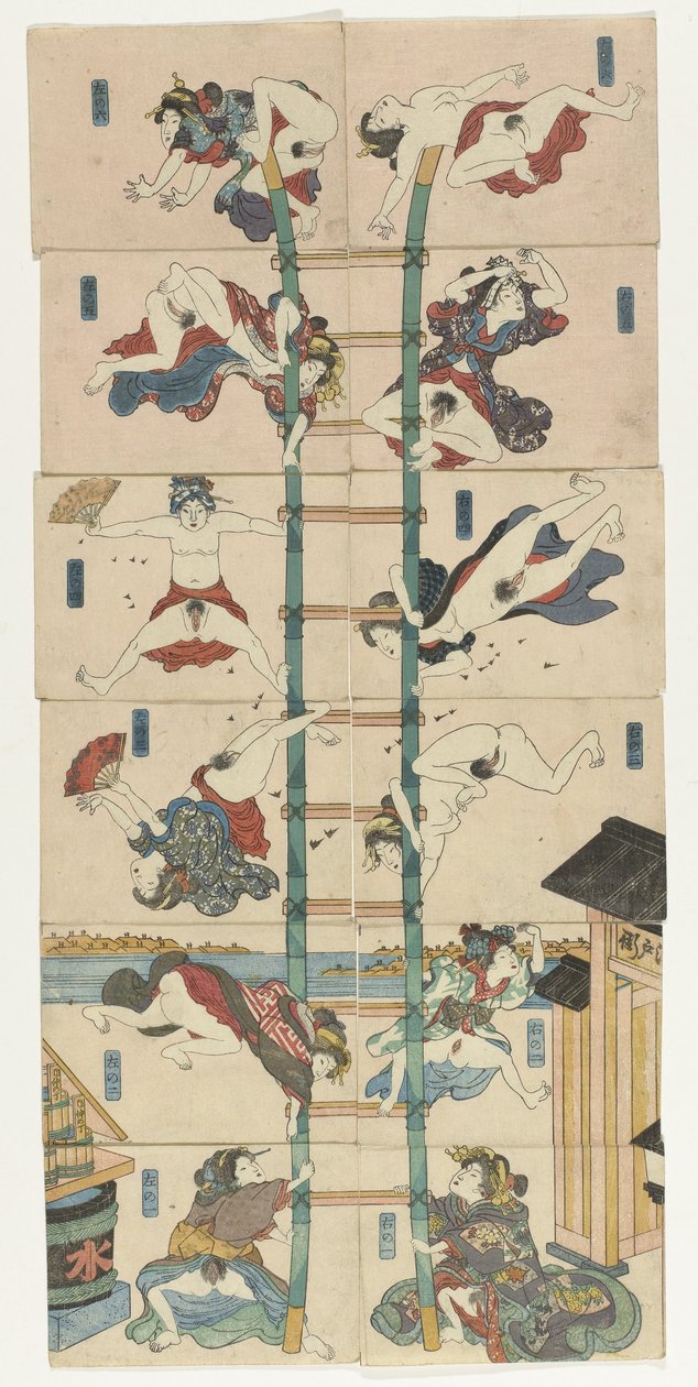 娼婦がアクロバティックな消防士の役を演じる十二小判春画シリーズ 作： 歌川国芳