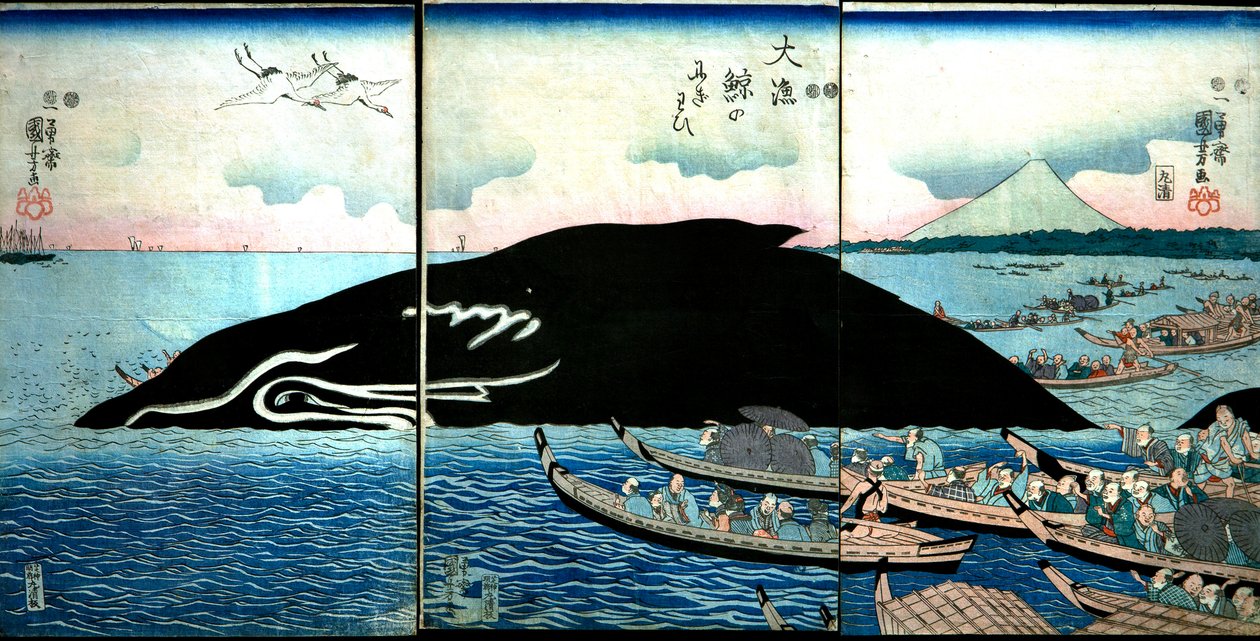 捕獲されたクジラを囲む人々の群れ 作： 歌川国芳