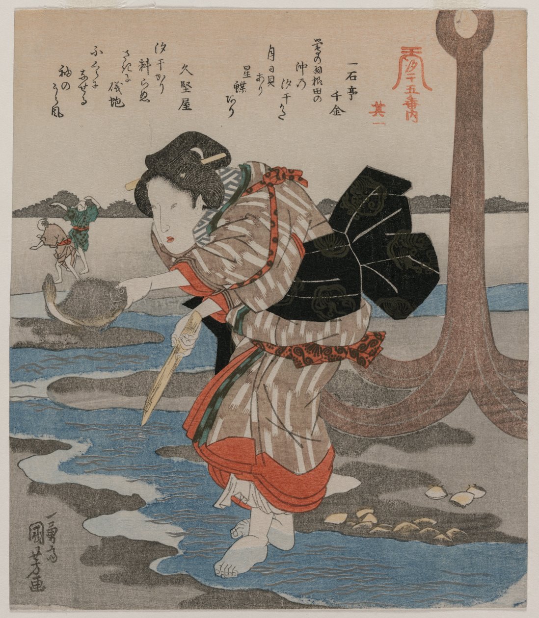 1820年代後半のシリーズ「干潮の5つの写真」からのアンカーの横の女性。 作： 歌川国芳
