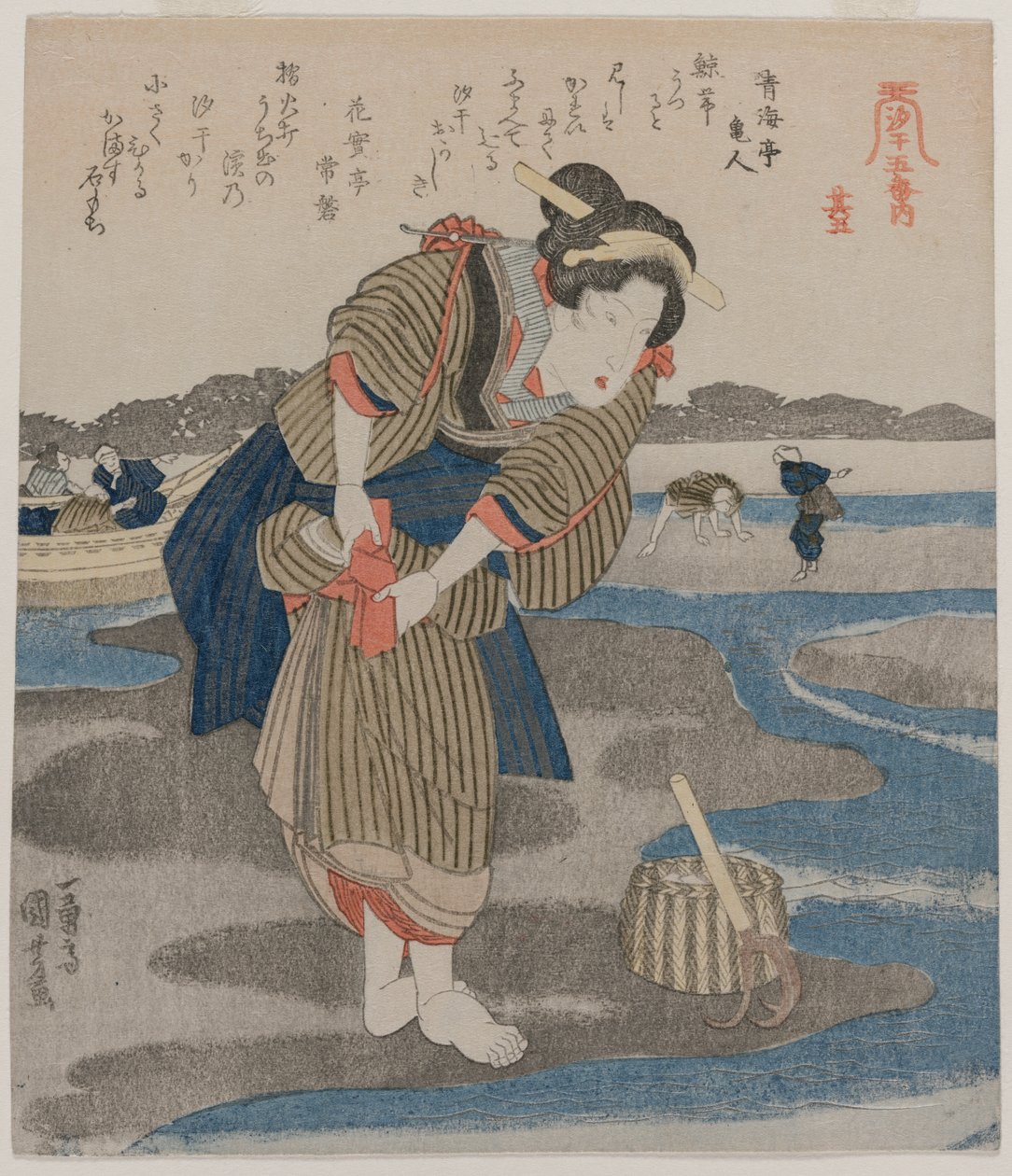 1820年代後半のシリーズ「干潮の5つの写真」からスカートを留める女性。 作： 歌川国芳