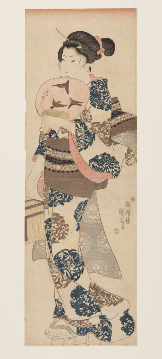 扇子と虫かごを持つ女」（カラー木版画 作： 歌川国芳