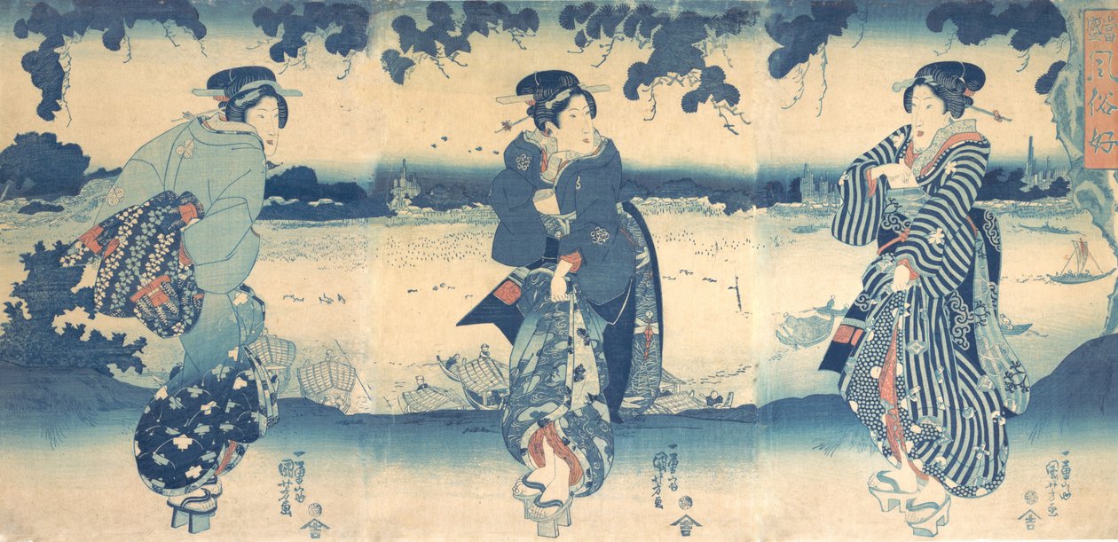 川の近くの女性、カリフォルニア州。 1850年。 作： 歌川国芳