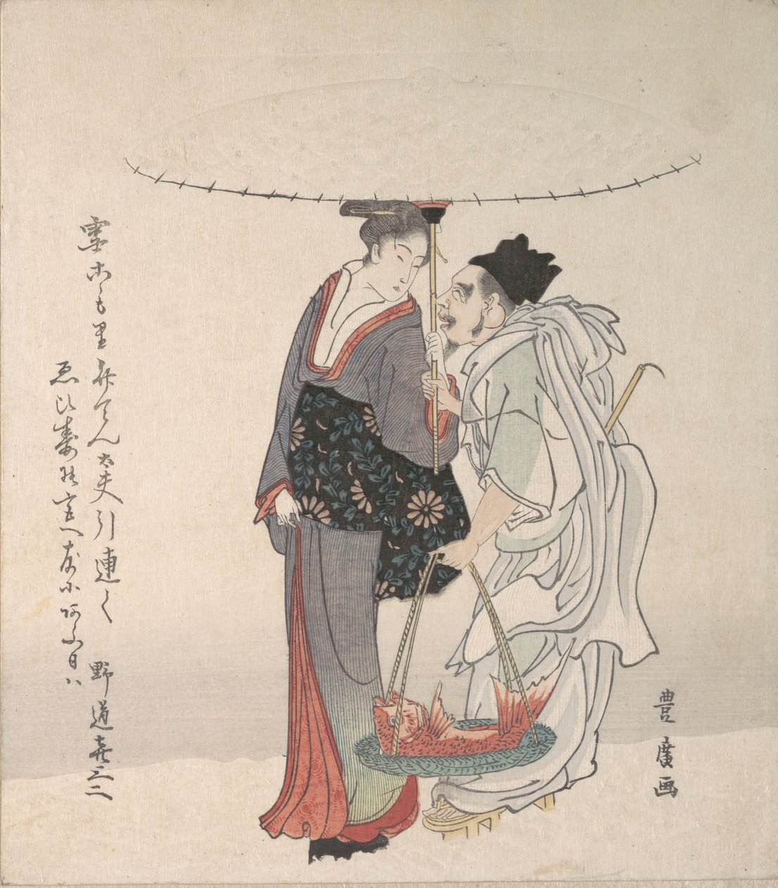雪の中を歩く恵比寿と弁天。 作： 歌川豊弘