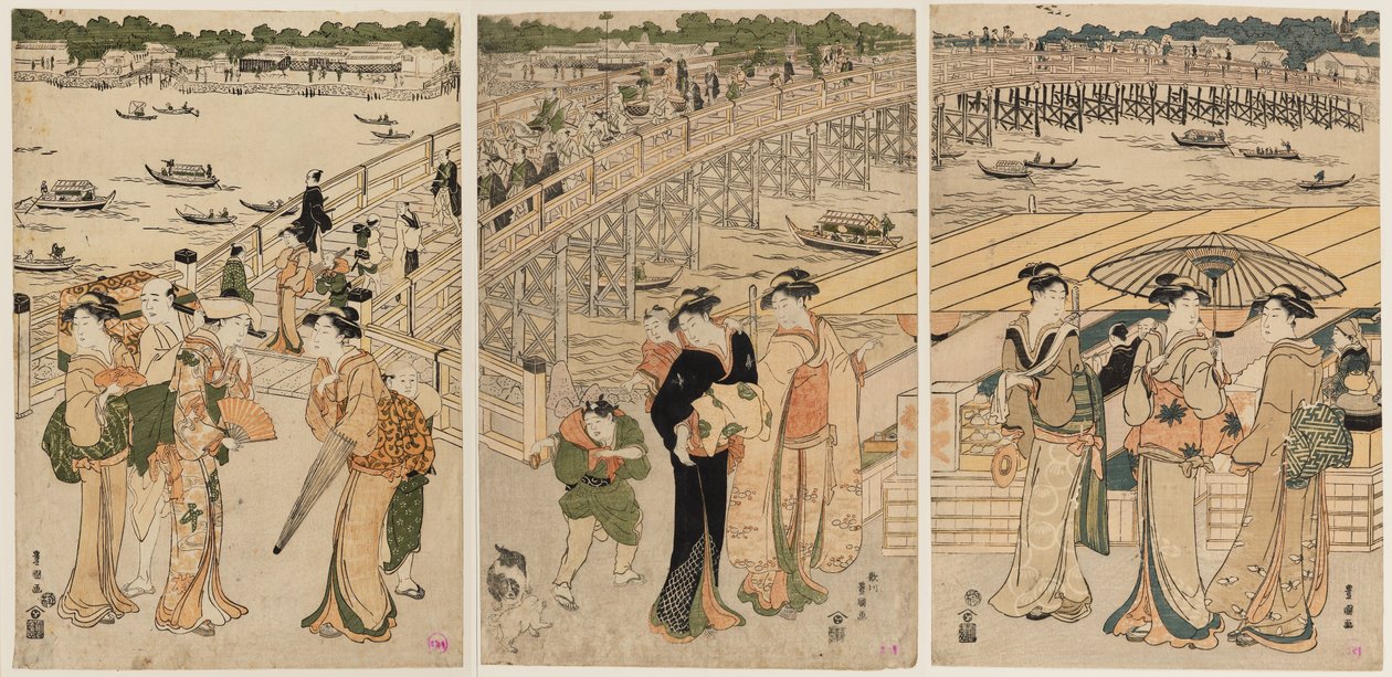 手前に人影のある両国橋 作： 歌川豊弘