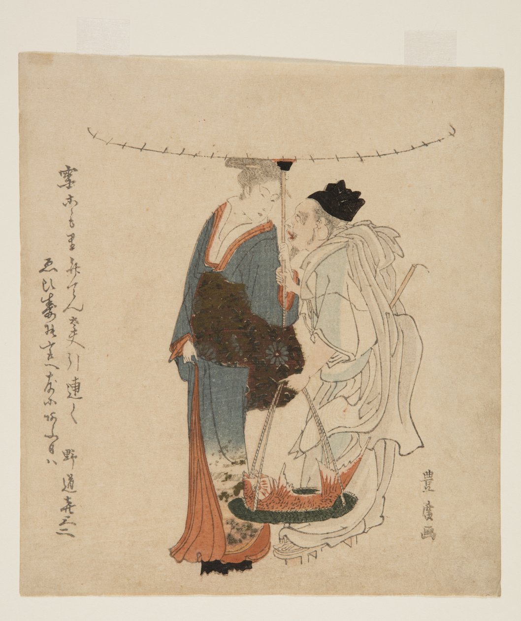 雪の中で若い女性と歩く恵比寿神（色木版画） 作： 歌川豊弘